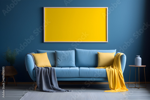 Interior de sala de estar con sofá azul, mesa de café, manta amarilla, cojines amarillos y azules y cuadro amarillo photo