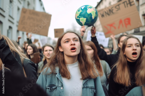 Protest, strike and climate change with a group of women fighting for our planet or human rights in the city. Environment, movement and pollution with female activist marching against global warming