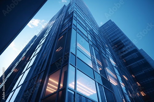 Modern architecture  reflecting glass of an office building on a sunny day with blue sky  looking up