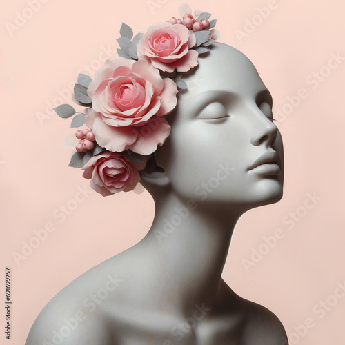 Surreal painting of woman with flowers. Portrait art. Concept art of dream and nature. Face of girl and floral. © F@natka