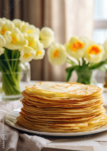 a stack of fresh hot pancakes on a plate on the table, crepes, flowers, Maslenitsa, spring, breakfast, meal, bouquet, traditional Russian dish, flowering, baking, sunlight, still life, lunch, dinner