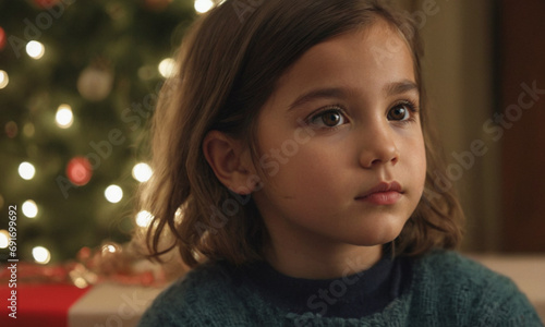 thoughtful or excited little girl, kid child, on Christmas, in front of tree at home, about 3 or 4 years old, contemplative, dreamy, cute, caucasian brunette