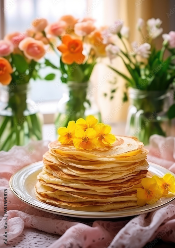a stack of fresh hot pancakes on a plate on the table, crepes, flowers, Maslenitsa, spring, breakfast, meal, bouquet, traditional Russian dish, flowering, baking, sunlight, still life, lunch, dinner a stack of fresh hot pancakes on a plate on the table, crepes, flowers, Maslenitsa, spring, breakfast, meal, bouquet, traditional Russian dish, flowering, baking, sunlight, still life, lunch, dinner