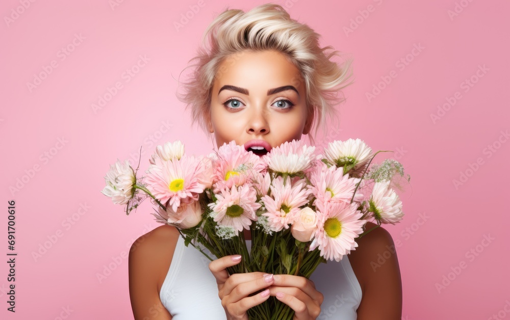 Young beautiful woman holding a bouquet of flowers Young beautiful woman holding a bouquet of flowers