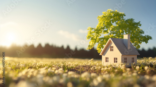 Closed up tiny home model on green grass with sunlight background. photo