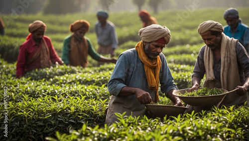 Large tea leaves in India are collected by women and men from tea plantations during the seasonal summer. The tea harvesting process is an integral part of the tea extraction concept