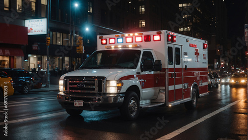 The emergency medical service arrived at the scene of an accident in the city at night to provide first aid. A modern ambulance drove through the city streets, turning on its siren and flashing lights