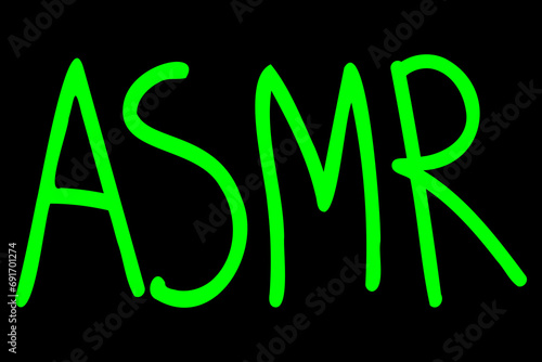 ASMR bright green neon color contrast on the black background writing. Health care, self care, brain,  lifestyle, relaxation, meditation, spa. Vector illustration.