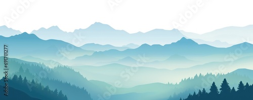 Vector panoramic landscape with blue and green misty silhouettes of mountains and clear sky 