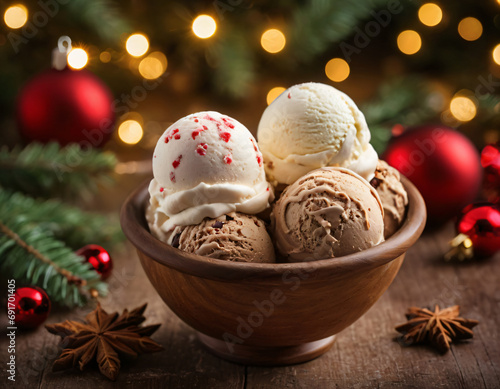 Christmas Ice Cream in a Wooden Bowl.