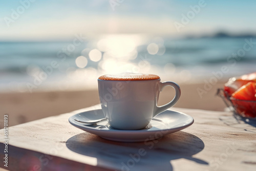 Hot coffee with, summer beach background 