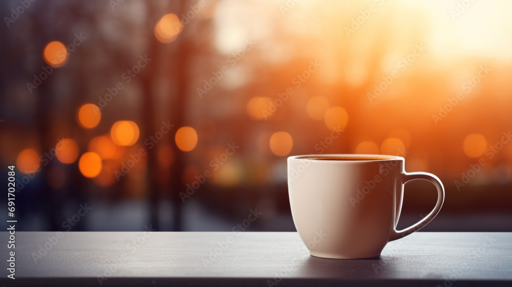 Obraz premium A coffee mug is placed on the table with a blurred background