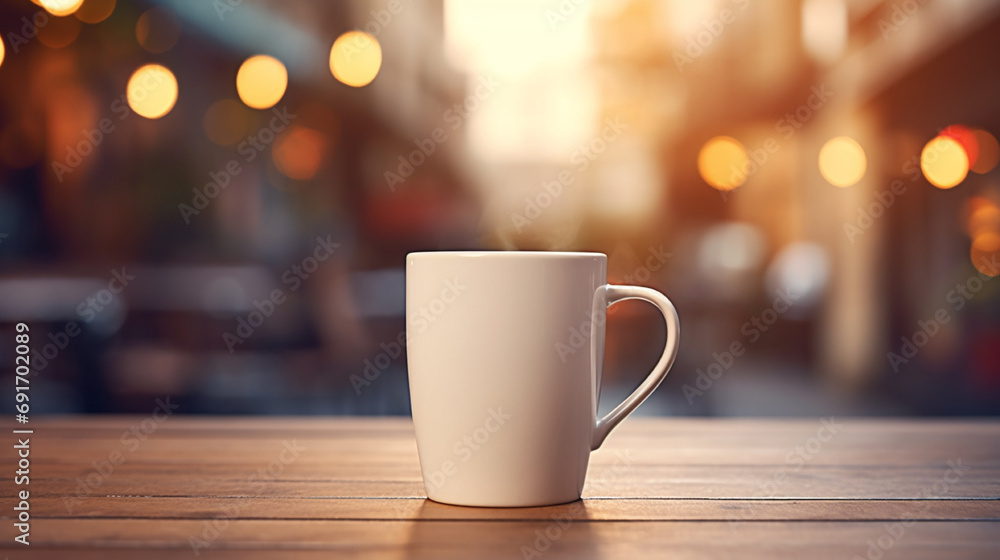 A coffee mug is placed on the table with a blurred background A coffee mug is placed on the table with a blurred background