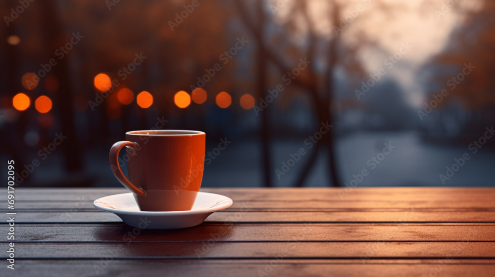 Fototapeta premium A coffee mug is placed on the table with a blurred background