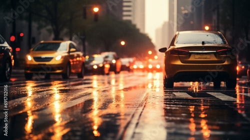 Traffic on city streets at dusk in the rain blurred background © PhotoFlex