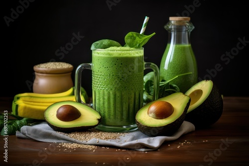 Healthy green smoothie with avocado, spinach and chia seeds