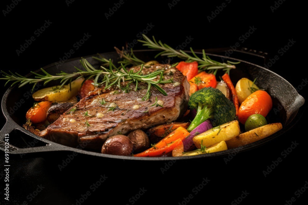 Grilled steak with vegetables in a frying pan on a black background 