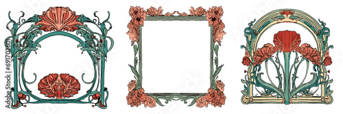 Three frame vector set of red carnation flower art nouveau design element