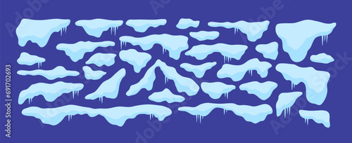 Vector snow caps set. Winter design of snow caps and icicles. Christmas, new year themed snow corners, dividers and frames. White blue ice decor. Snowy cartoon ice texture