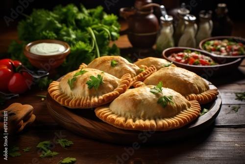 Traditional empanadas with meat and vegetables on a wooden background