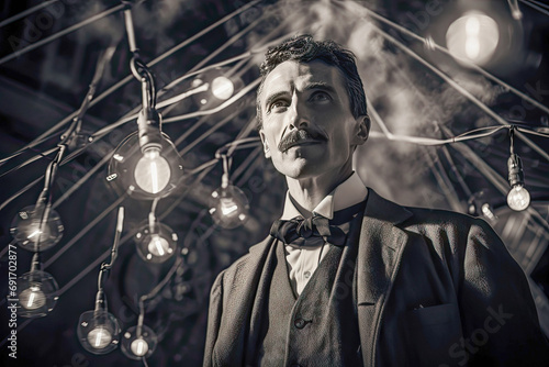 Portrait of Nikola Tesla, a Serbian-American scientist, who made significant contributions to electrical engineering and technology