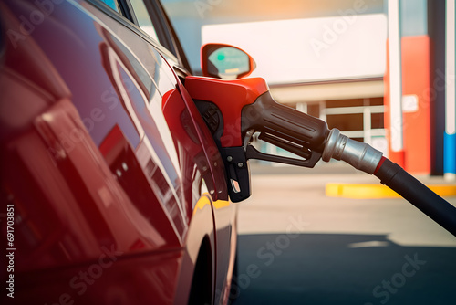 Car receiving fuel, a reflection of modern daily life, with concerns about rising fuel prices. photo