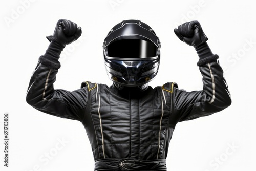 Racer in Black Suit Raises Hands in Victory Celebration