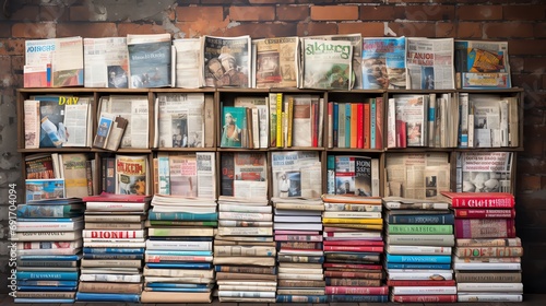 a large collection of books stacked and arranged on shelves against a brick wall.