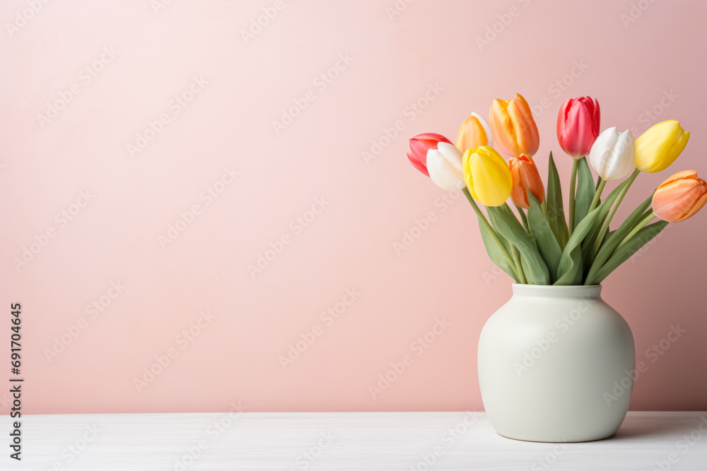 A vase of vibrant tulips in red, yellow, and white on a white table against a pastel pink background.