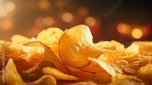 natural potato chips close-up, background golden texture fried potatoes, fast food photo