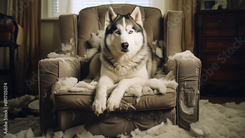 husky dog chewed and destroyed the sofa and sits on it, a portrait of a harmful dog at home photo