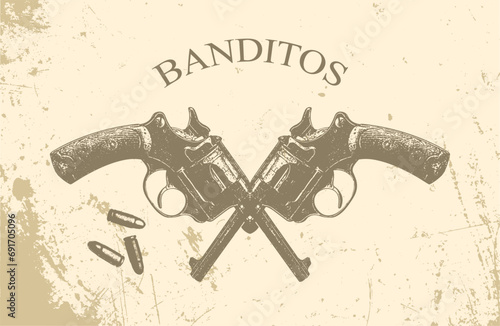 Crossed revolvers guns. Vintage style pistols emblem. Western poster with old handguns and bullets. Place for text.