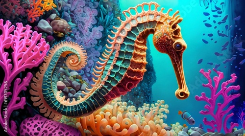 Colorful Seahorse on the seabed with corals.
artificial intelligence. photo