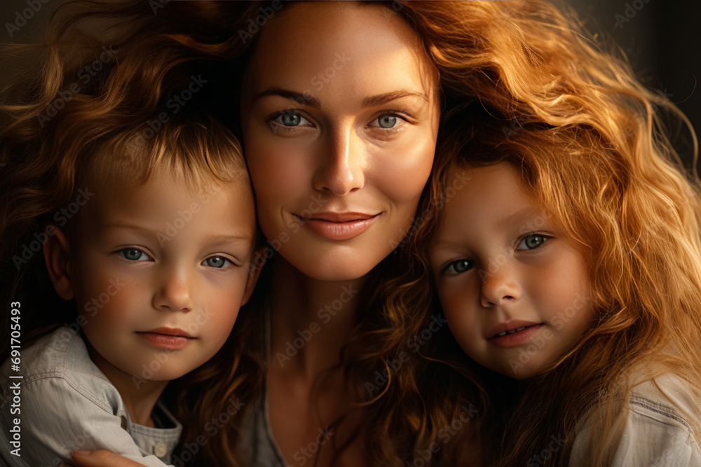 A tender portrait of a mother with flowing hair embracing her two children, their faces close together in a loving moment. A tender portrait of a mother with flowing hair embracing her two children, their faces close together in a loving moment.