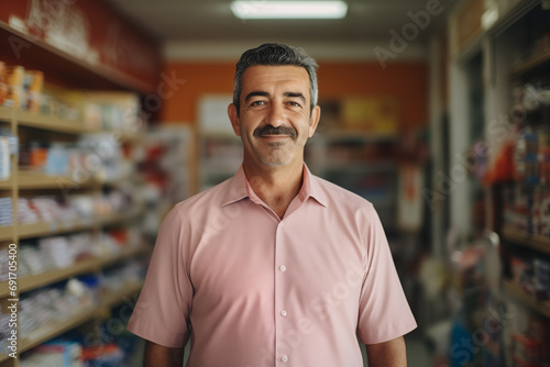 Retrato de hombre trabajador de pie en la farmacia y mirando a la cámara