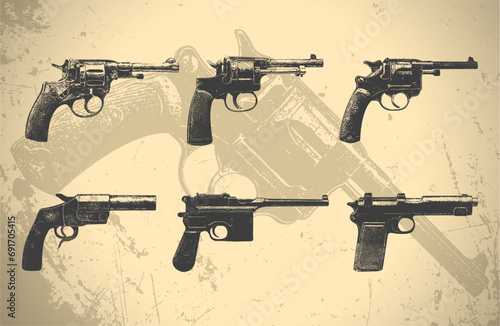 Retro classic handguns set. Vintage drowing guns. Old pistols and revolvers. Western style. Isolated vector illustration. photo