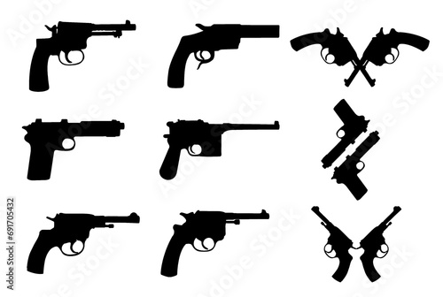Vintage guns.Retro classic handguns illustration. Old pistols and revolvers silhouettes isolated on white background.