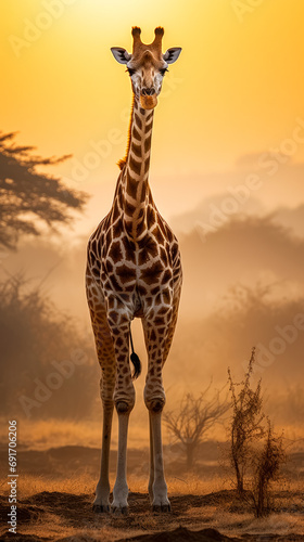 A giraffe stands in the golden light of a sunset, with a serene African savannah backdrop.