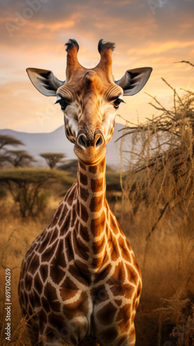 A close-up of a giraffe's head with a warm sunset and the African savannah in the background. © Enigma