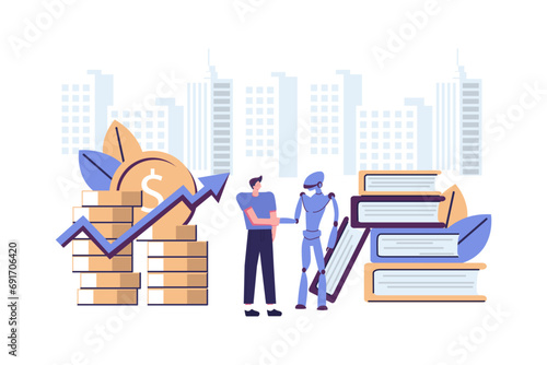 business porters are a successful team. The investor keeps money in ideas. financing creative projects. handshake for robot and men