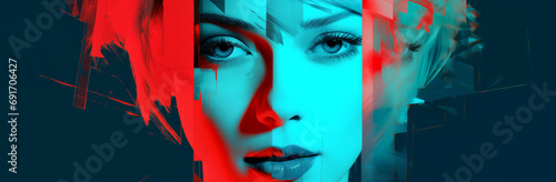 Generative AI illustration of a woman for a party flyer in the style of glitch art, retro pop art, hero image for landing page design, banner 