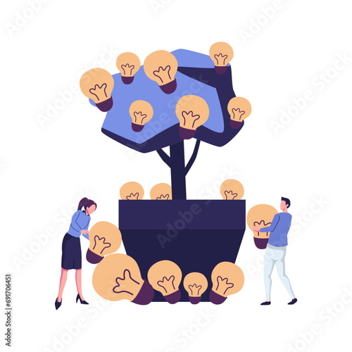 business meetings and brainstorming, search for new solutions, tree with bulbs and ideas flat illustration