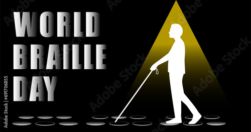 Awareness banner for World Braille Day with human silhouette and white cane