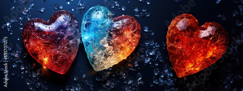 Set of three heart-shaped glowing crystals