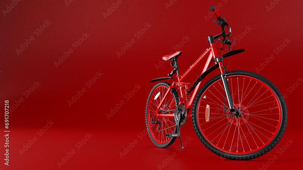 Fototapeta premium 3D render of detailed red bicycle isolated on red background, Road Bike Isolated