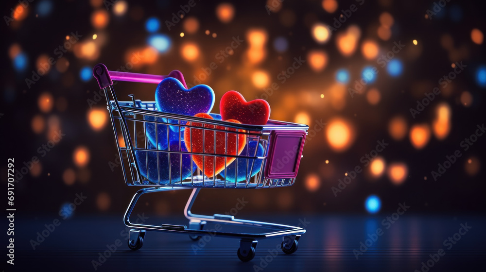 Hearts in a shopping cart, festive background