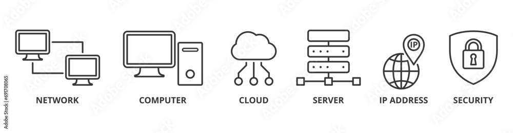 Network technology banner web icon vector illustration concept with icon of network, computer, cloud, server, ip address and security Network technology banner web icon vector illustration concept with icon of network, computer, cloud, server, ip address and security
