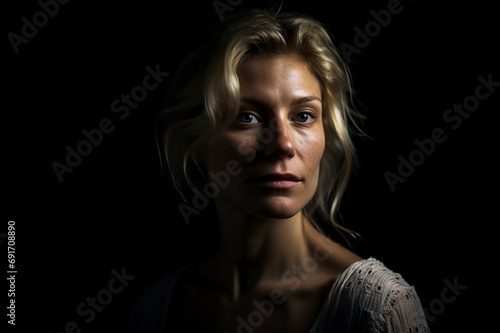 blonde woman head and shoulders are shown against a black background, ai generative © larrui
