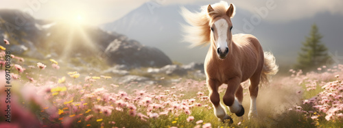 Adorable horse running in the meadow