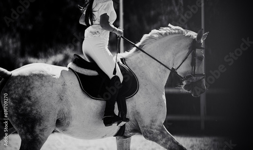 A black and white image of a rider riding a white horse at an equestrian competition. Equestrian sports and horse riding. The horse gallops. Jumping competition.